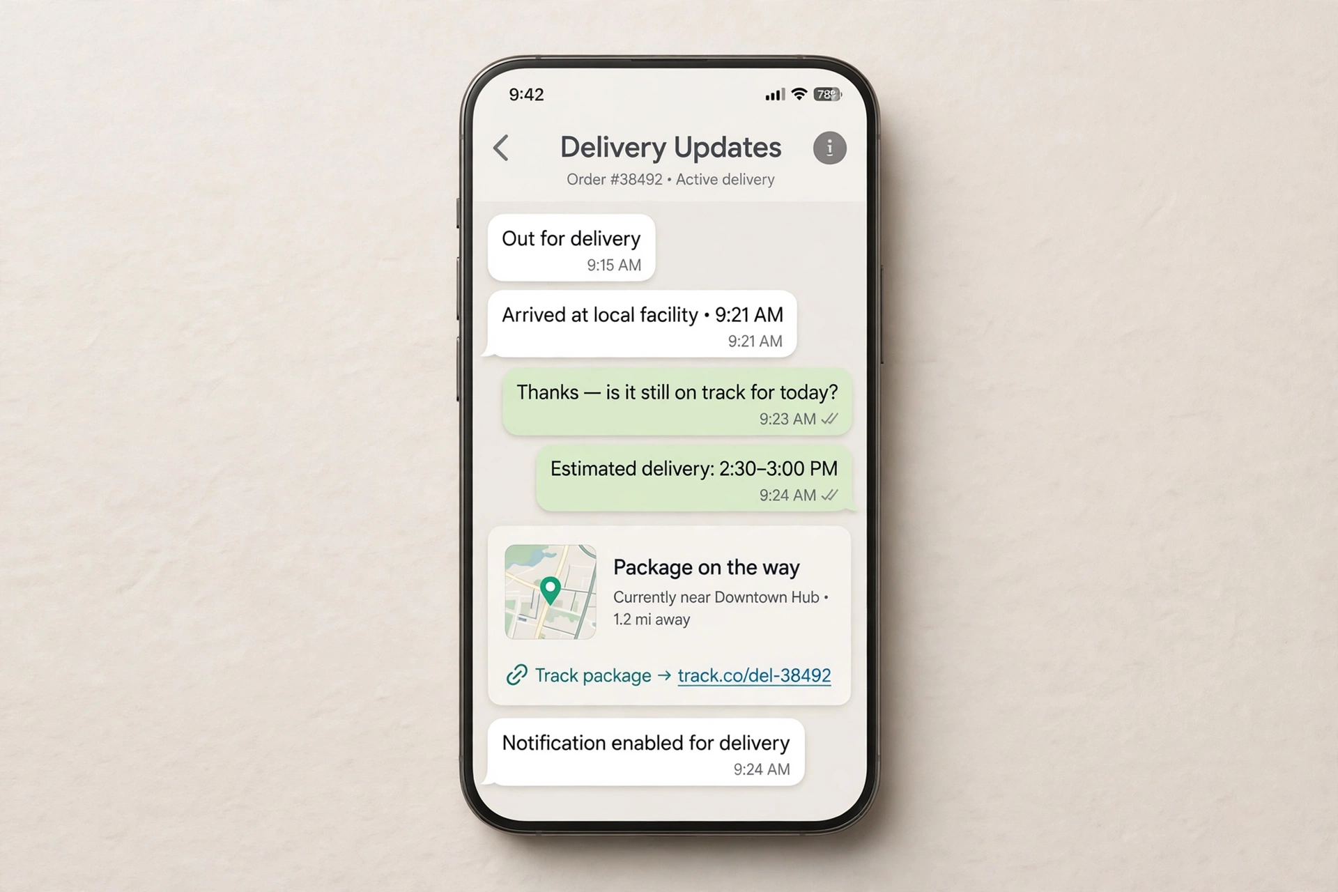 WhatsApp delivery updates with a live tracking link